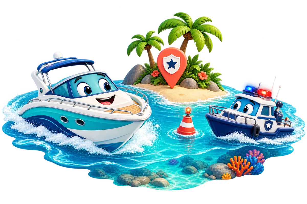 Friendly illustrated boats, a marine patrol and a tropical sandbar